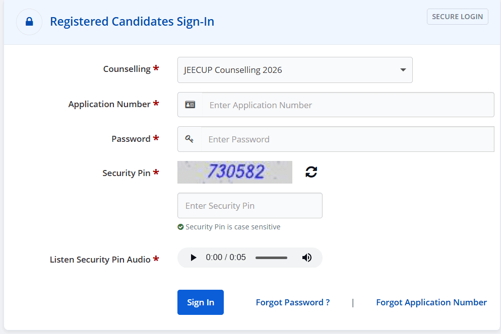 JEECUP Counselling 2026 Login Page — Application Number, Password, Captcha और Sign In